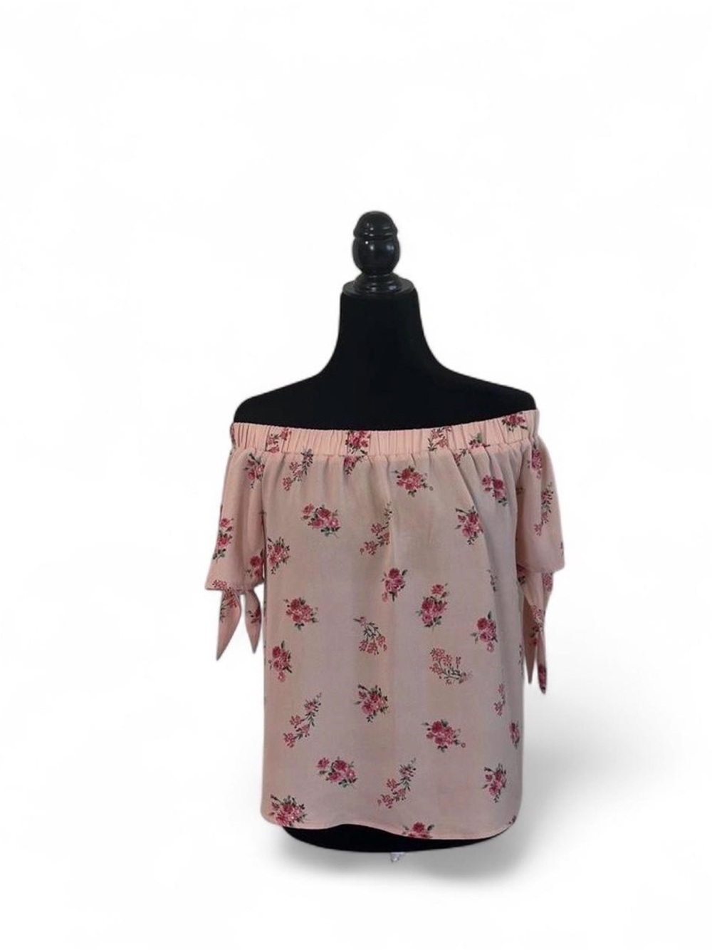 Off-Shoulder Pink Floral Tie-Sleeve Blouse